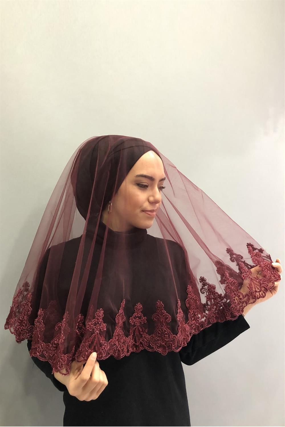Toptan Bordo Güpürlü Bordo İşlemeli Gelin Duvağı Kına Yüz Örtüsü