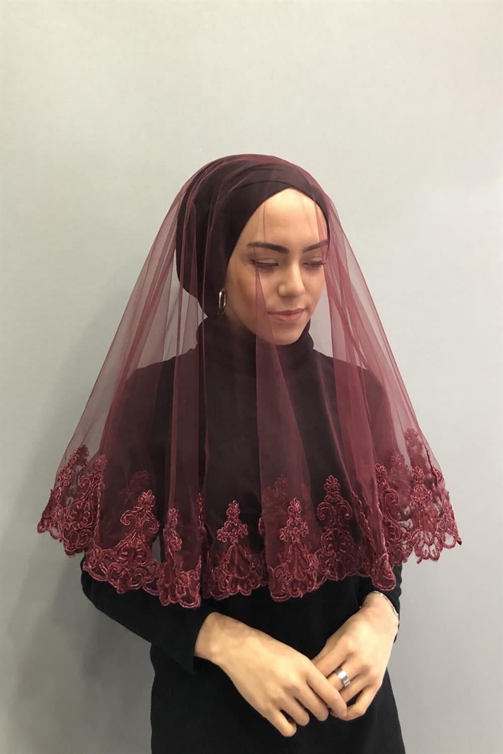 Toptan Bordo Güpürlü Bordo İşlemeli Gelin Duvağı Kına Yüz Örtüsü