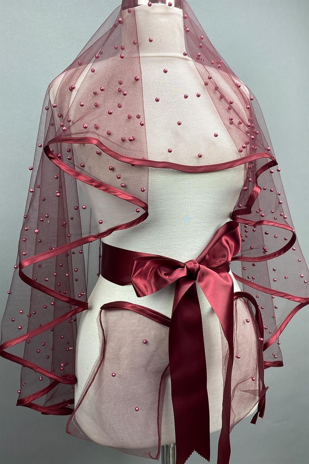 Wholesale Burgundy Pearled Piping Bridal Veil Henna Face Veil