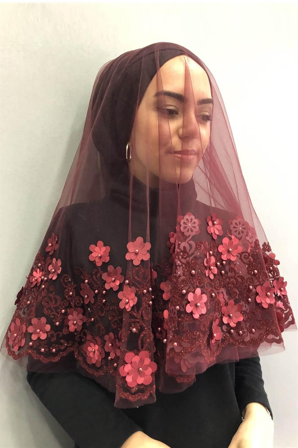 Toptan Bordo İşlemeli Gelin Duvağı Kına Yüz Örtüsü