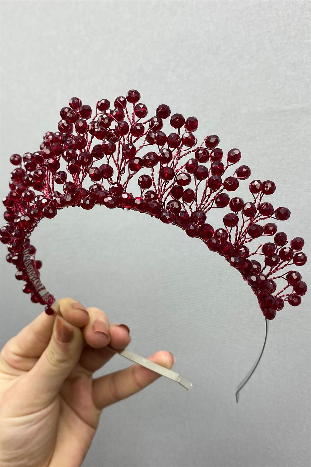 Toptan Bordo Kristal Boncuklu Aren Gelin ve Kına Tacı
