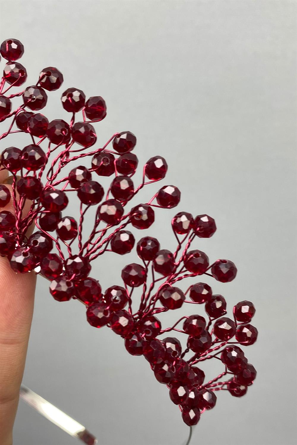 Toptan Bordo Kristal Boncuklu Aren Gelin ve Kına Tacı