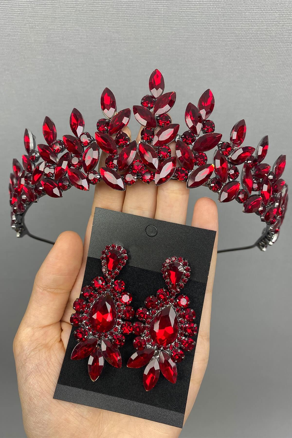 Toptan Bordo Subra Model Gelin Kına Tacı ve Küpe