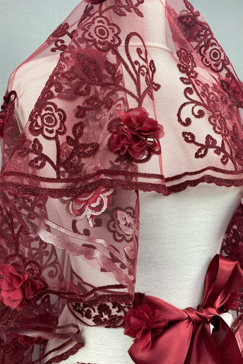 Wholesale Burgundy Vendi Laser Floral Glitter Henna Veil Face Covering