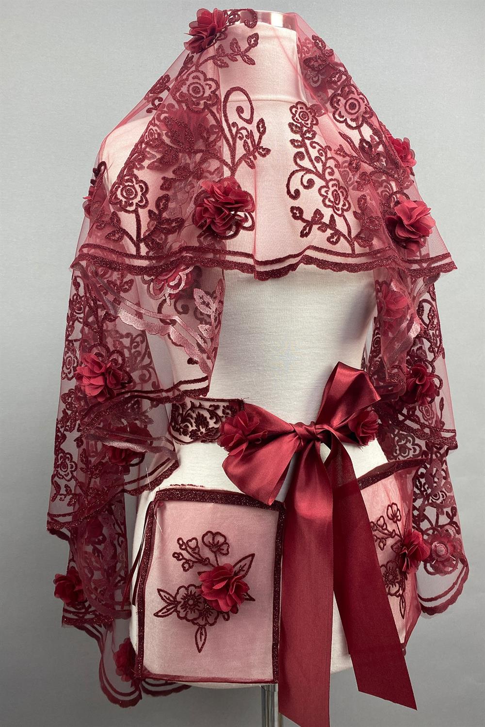 Wholesale Burgundy Vendi Laser Floral Glitter Henna Veil Face Covering