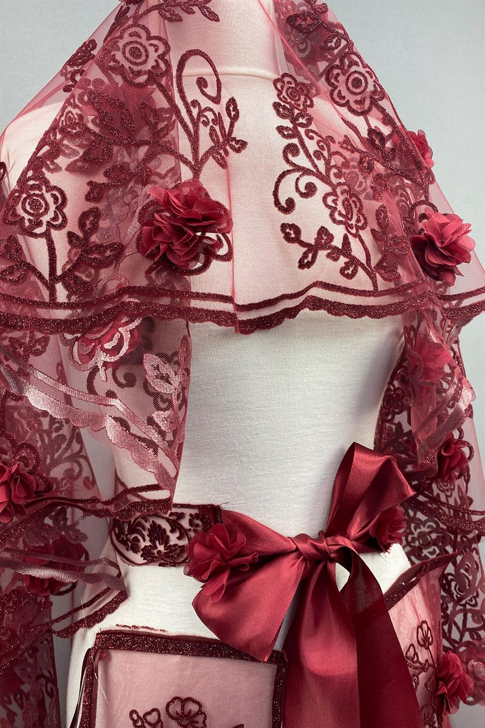 Wholesale Burgundy Vendi Laser Floral Glitter Henna Veil Face Covering