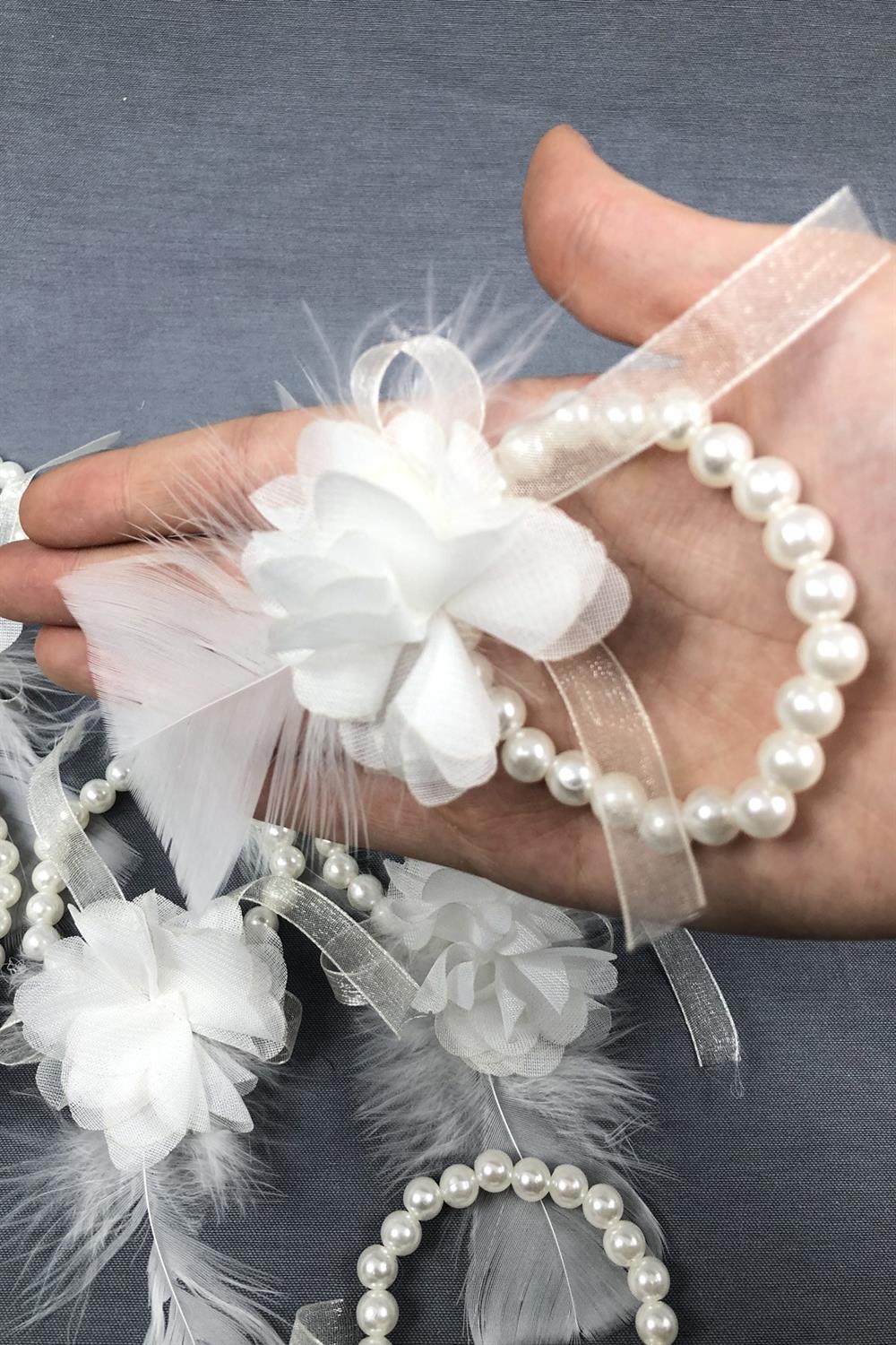 Toptan Bride Taç ve Beyaz Çiçekli Nedime Bileklik Seti