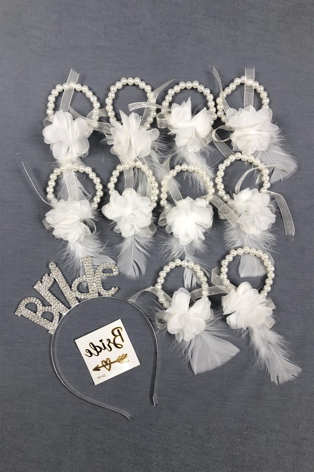 Toptan Bride Taç ve Beyaz Çiçekli Nedime Bileklik Seti
