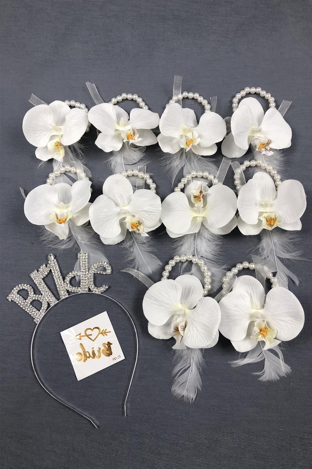Toptan Bride Taç ve Orkide Çiçekli Nedime Bileklik Seti