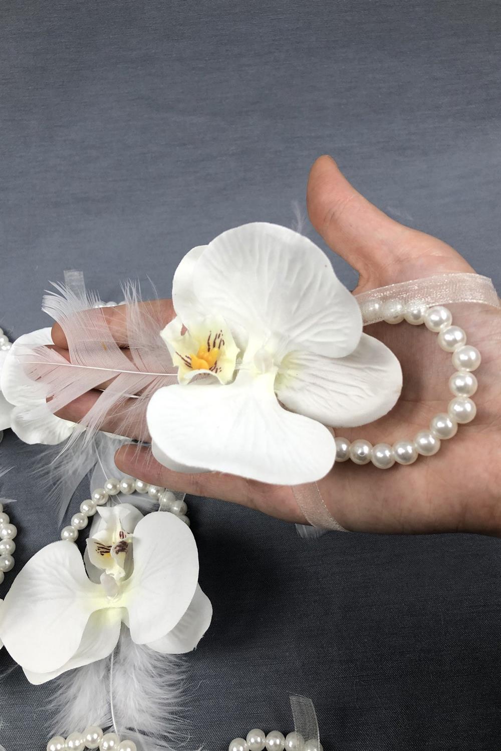 Toptan Bride Taç ve Orkide Çiçekli Nedime Bileklik Seti