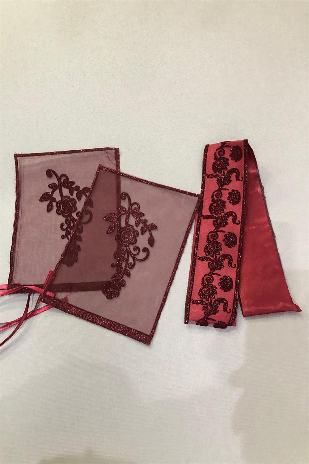 Toptan Çiçek Desenli Bordo Gelin Yüz Örtüsü