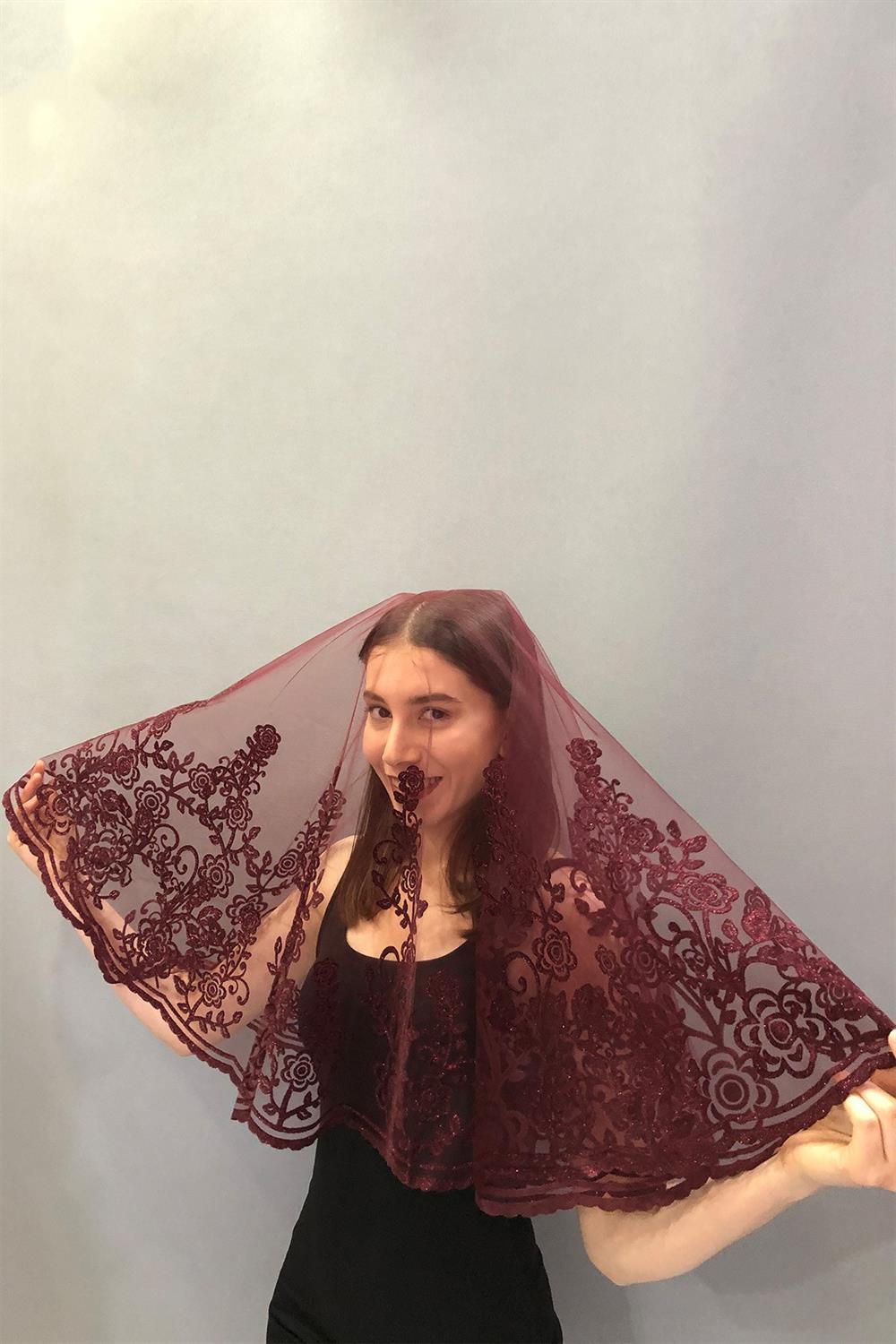 Toptan Çiçek Desenli Bordo Gelin Yüz Örtüsü