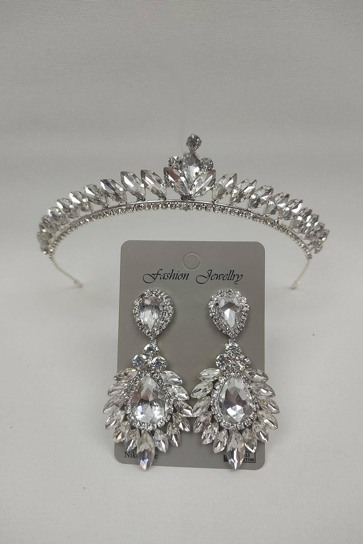 Wholesale Ece Model Bridal Crown and Drop Shuttle Stone Earrings