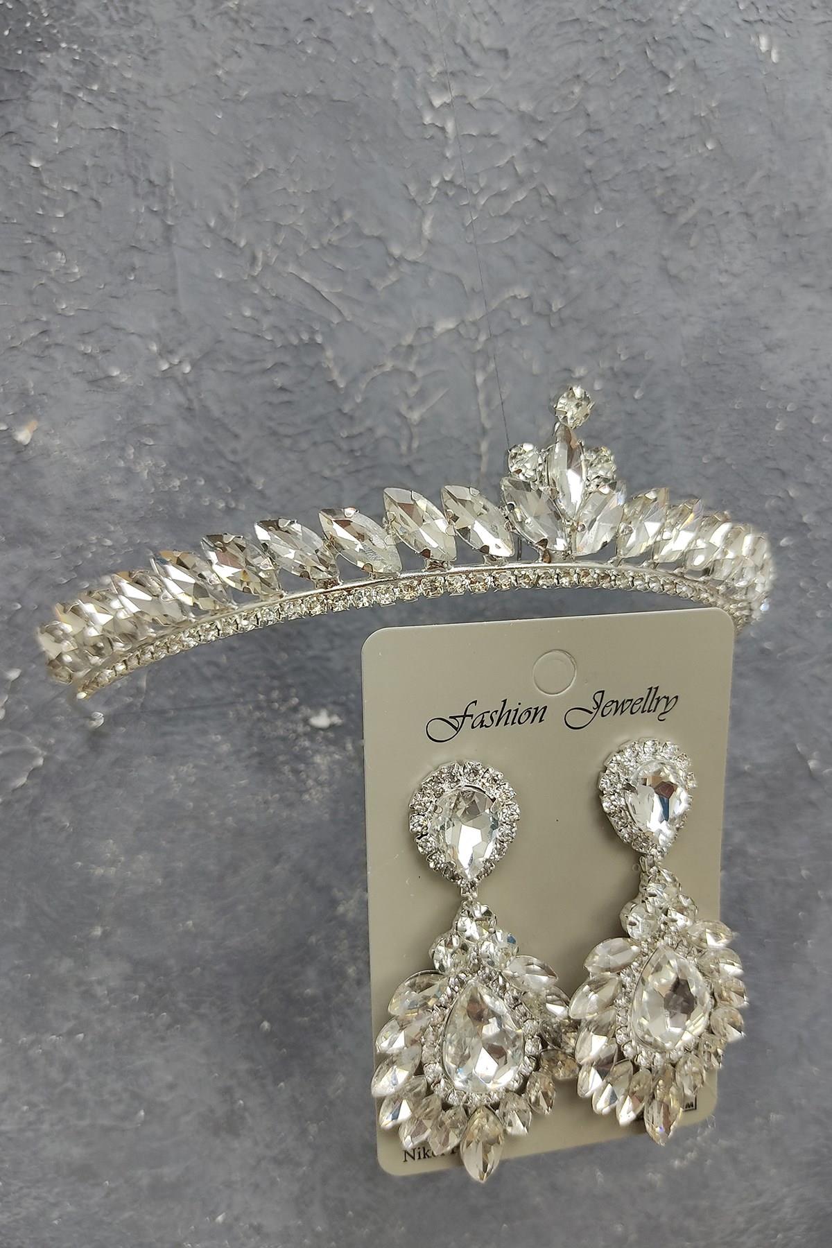 Wholesale Ece Model Bridal Crown and Drop Shuttle Stone Earrings