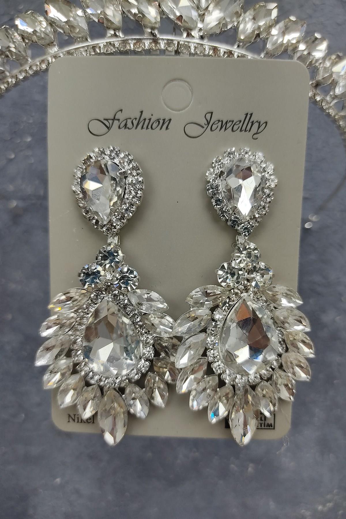 Wholesale Ece Model Bridal Crown and Drop Shuttle Stone Earrings