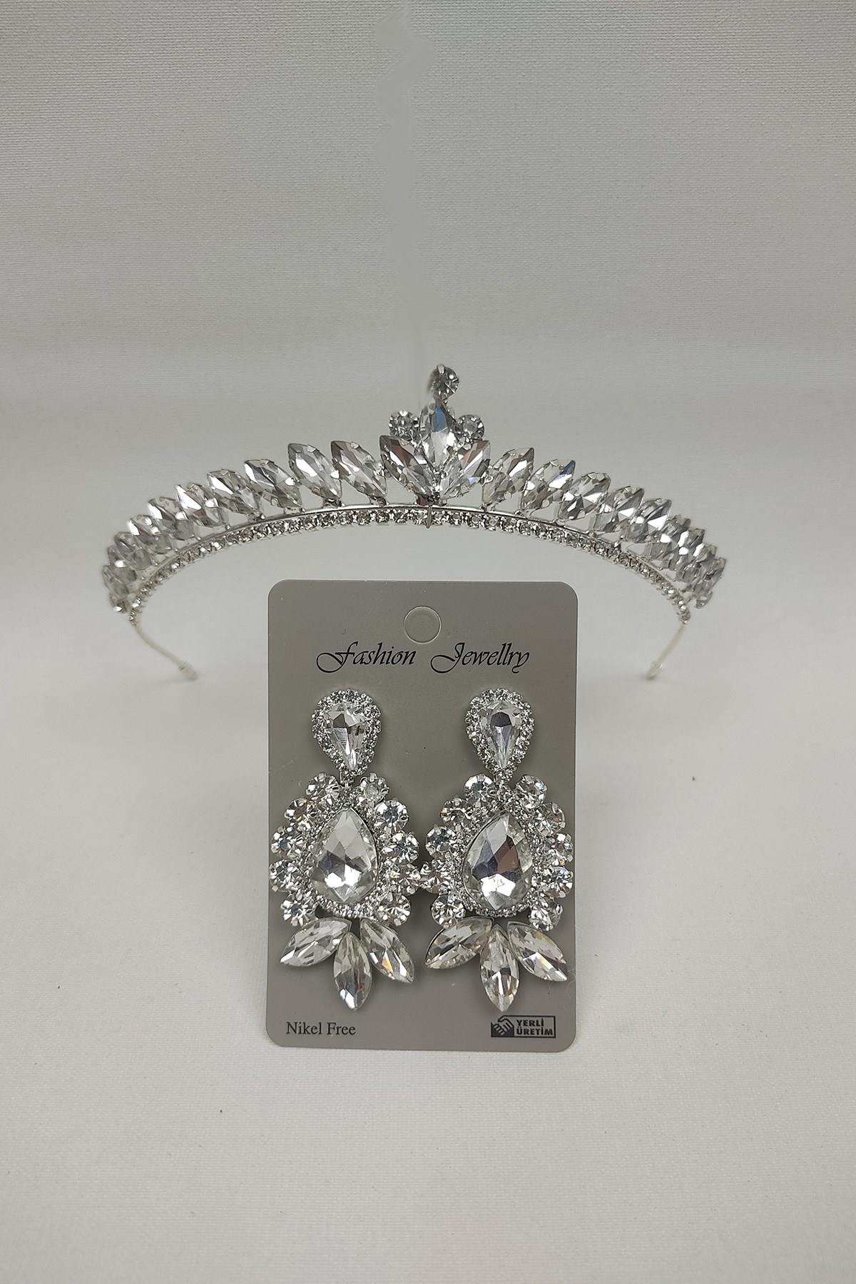 Wholesale Ece Model Bridal Crown and Shuttle Drop Stone Earrings