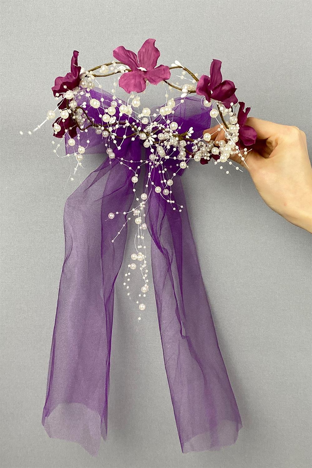 Toptan Fiyonklu Ortanca Çiçekli Özel Gelin Kına Tacı