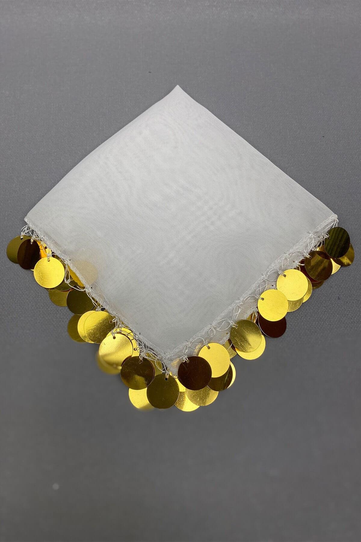 Wholesale Gold Sequin Embroidered Luxury Halay Handkerchief 1 Piece White