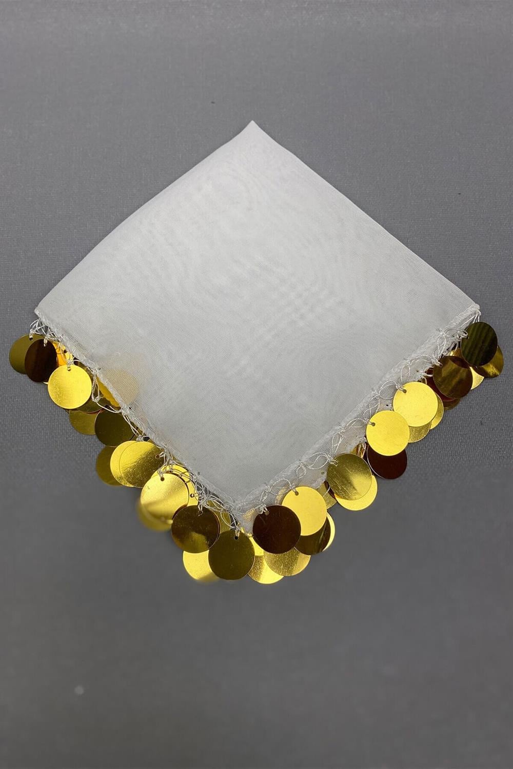 Toptan Gold Pul İşlemeli Lüx Halay Mendili 5 Adet Beyaz