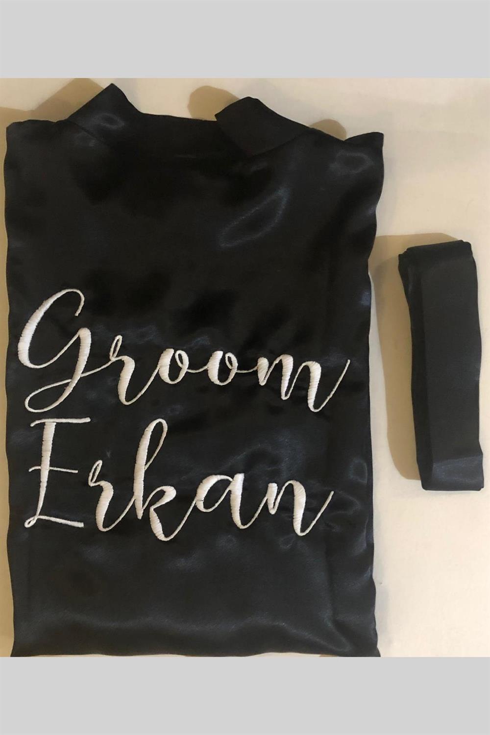 Toptan Groom Nakışlı Saten Damat Sabahlık Seti