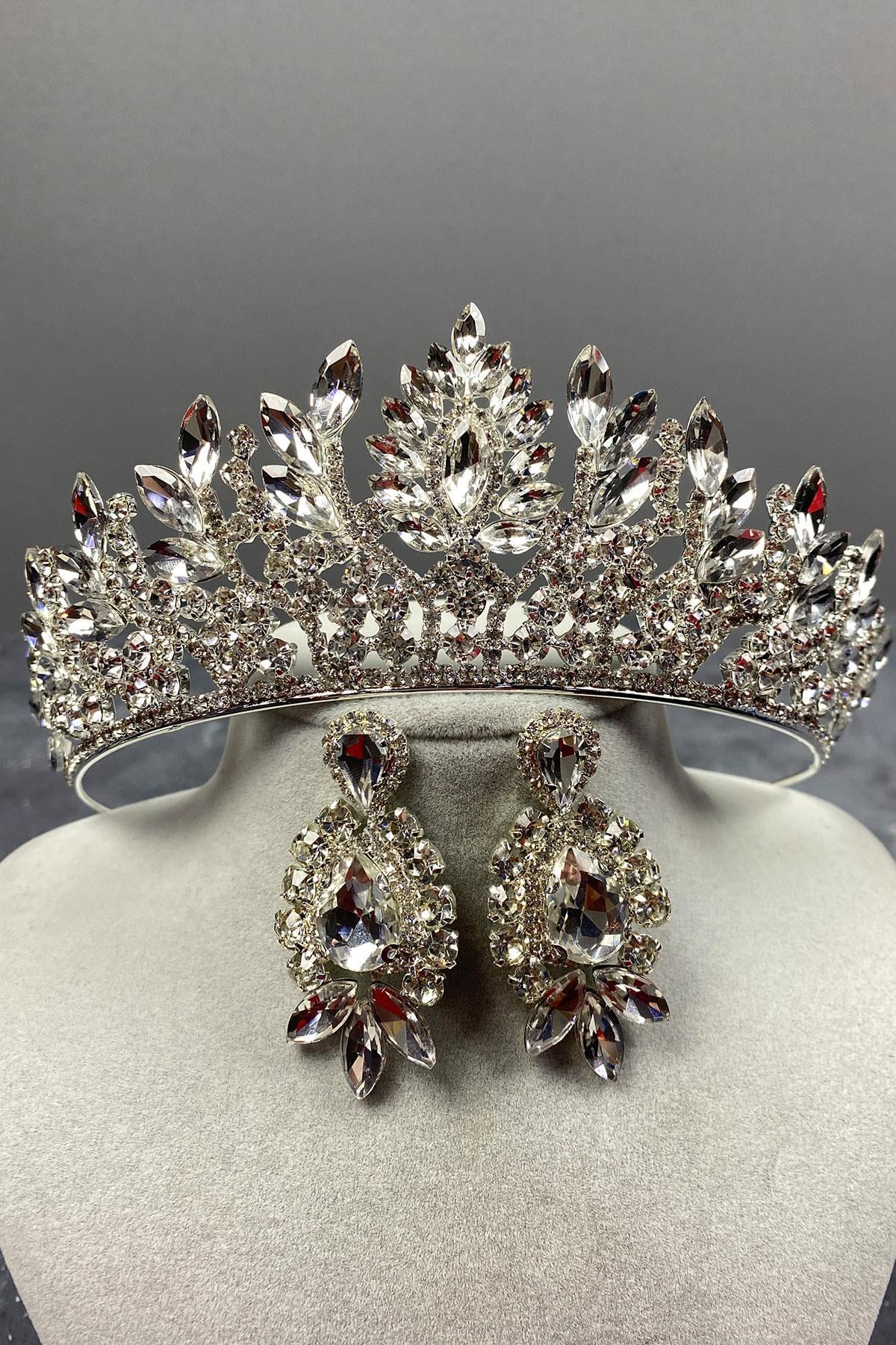 Wholesale Silver Danver Stone Bridal Crown and Evening Dress Earring Set