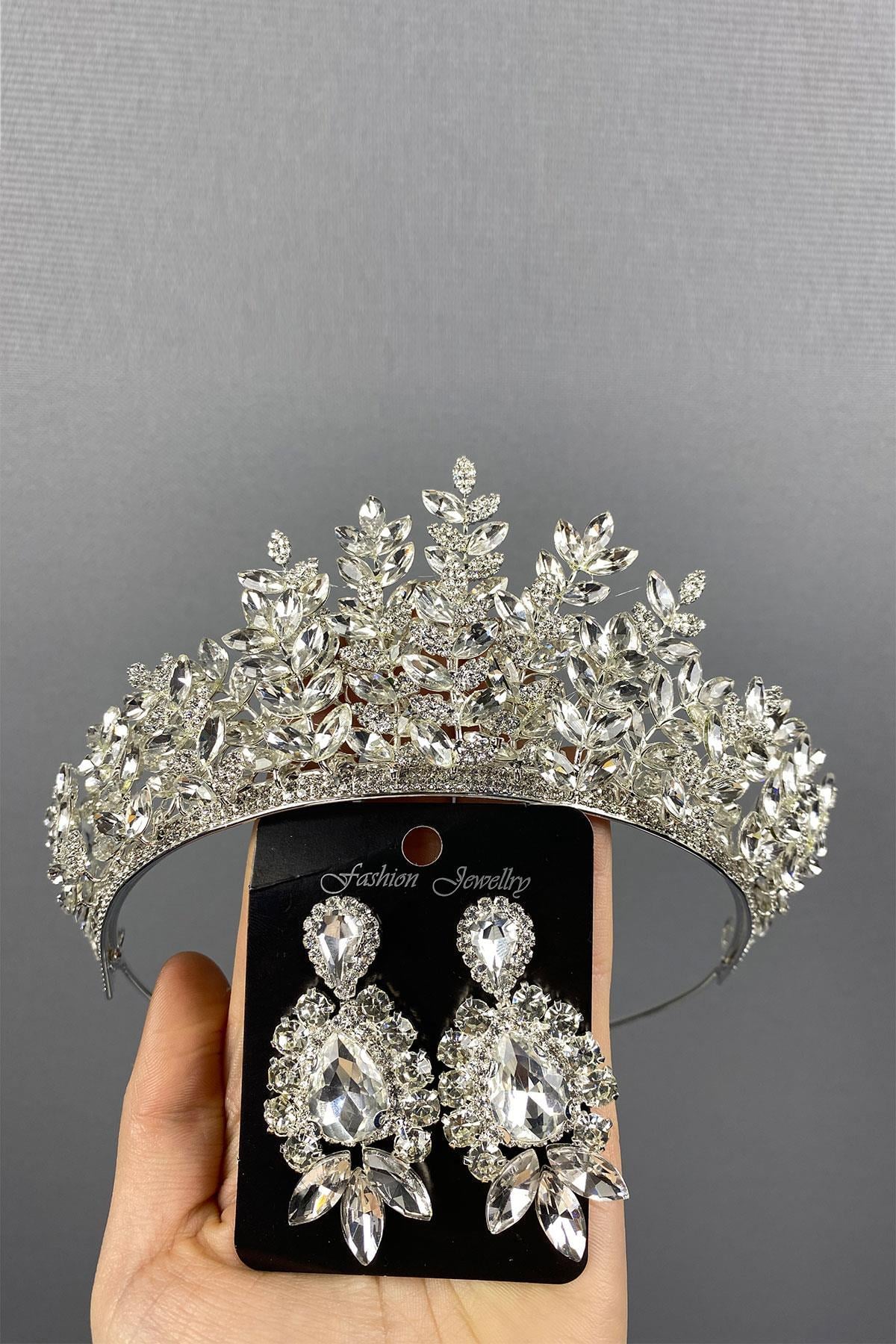 Wholesale Silver Ezel 3D Bridal Henna Crown and Shuttle Earring Set