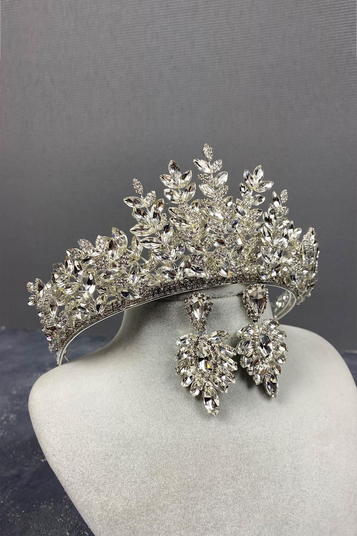 Wholesale Silver Ezel 3D Bridal Henna Crown and Earring Set