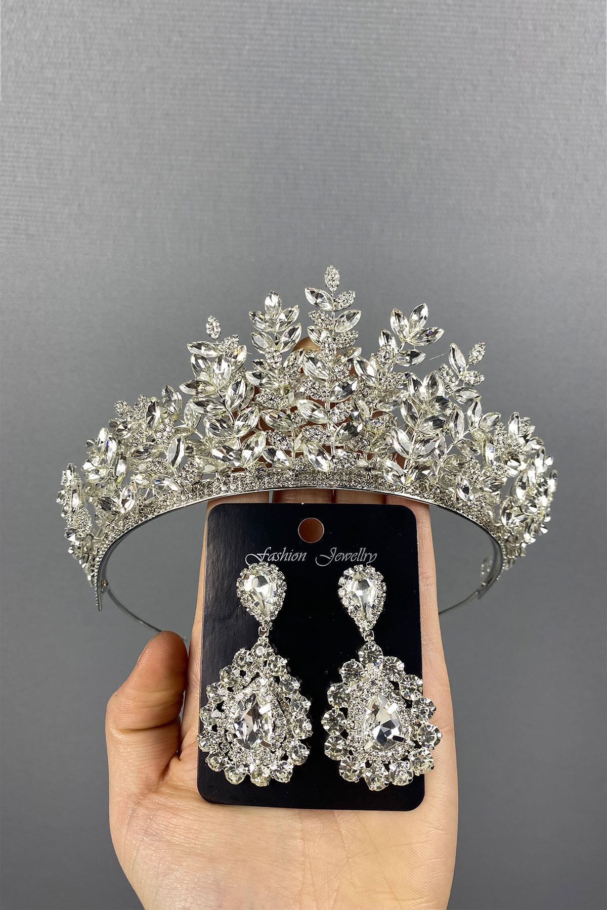 Wholesale Silver Ezel 3D Bridal Henna Crown and Drop Stone Earring Set