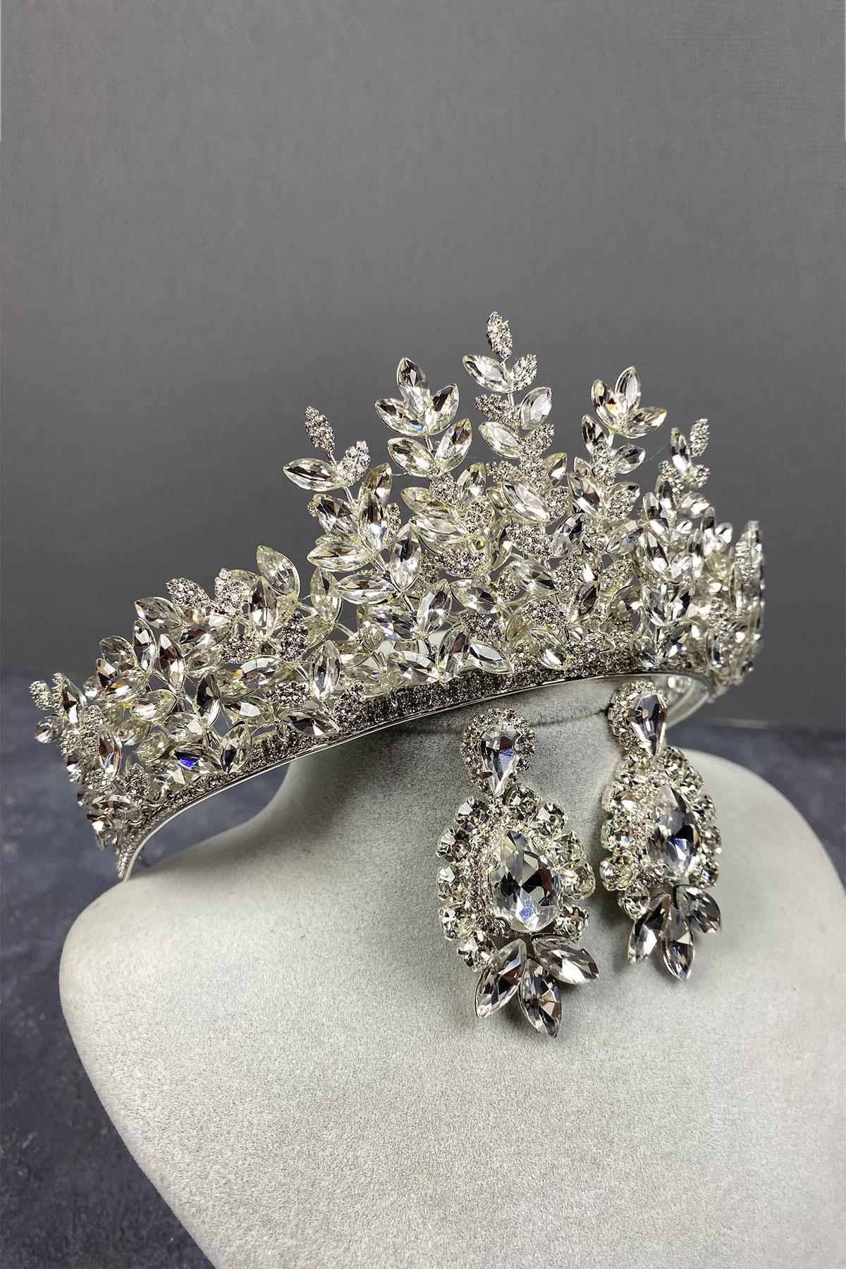 Wholesale Silver Ezel 3D Bridal Henna Crown and Shuttle Earring Set