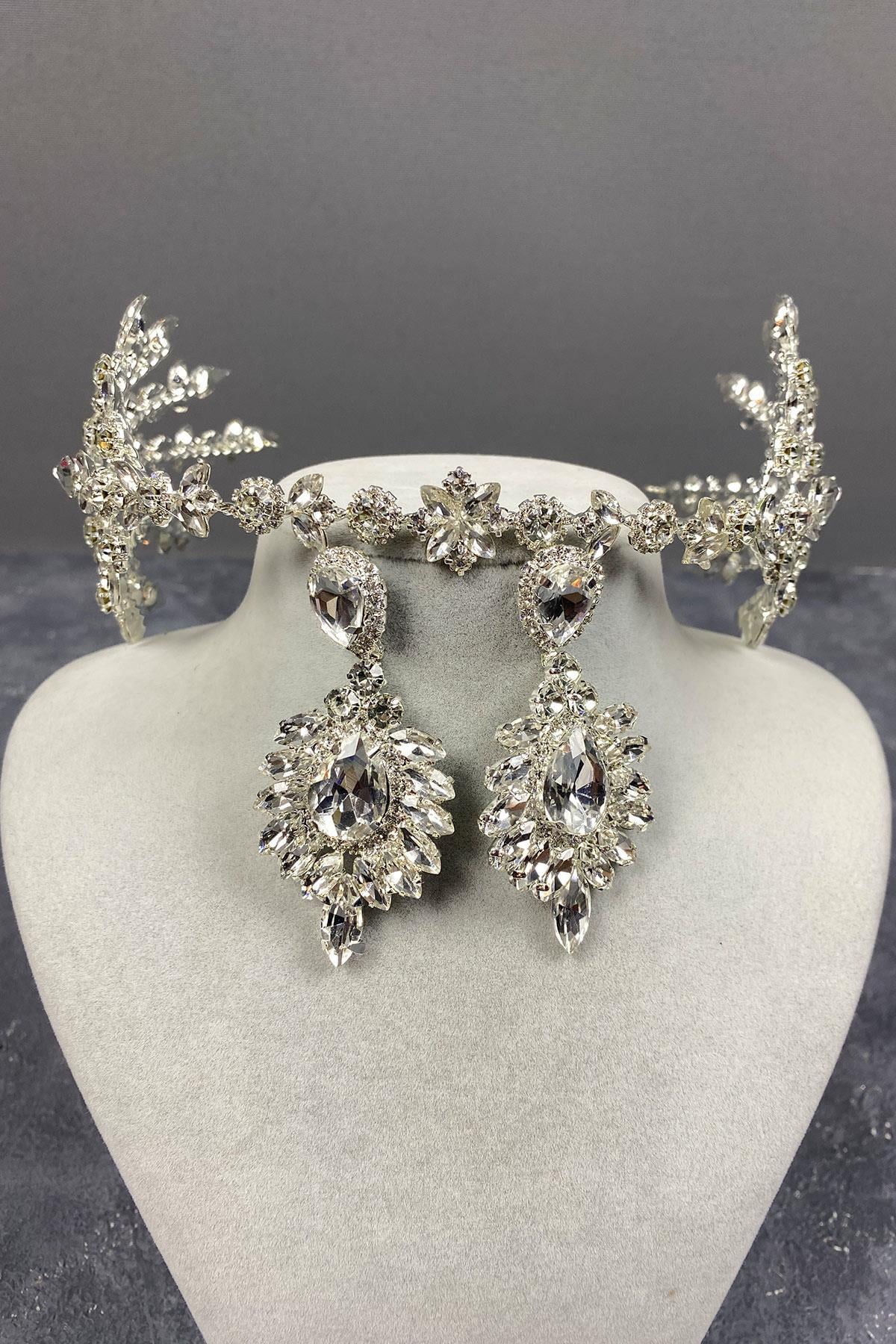Wholesale Silver Hellenist Double Sided Bridal Henna Crown and Earring Set