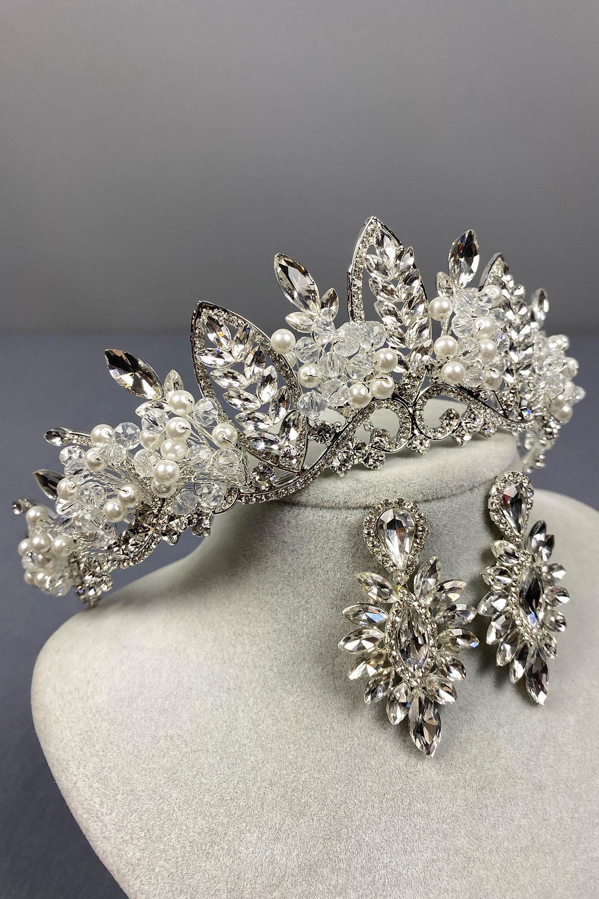 Wholesale Silver Jabbah Bead Embroidered Bridal Henna Crown And Thin Shuttle Earrings