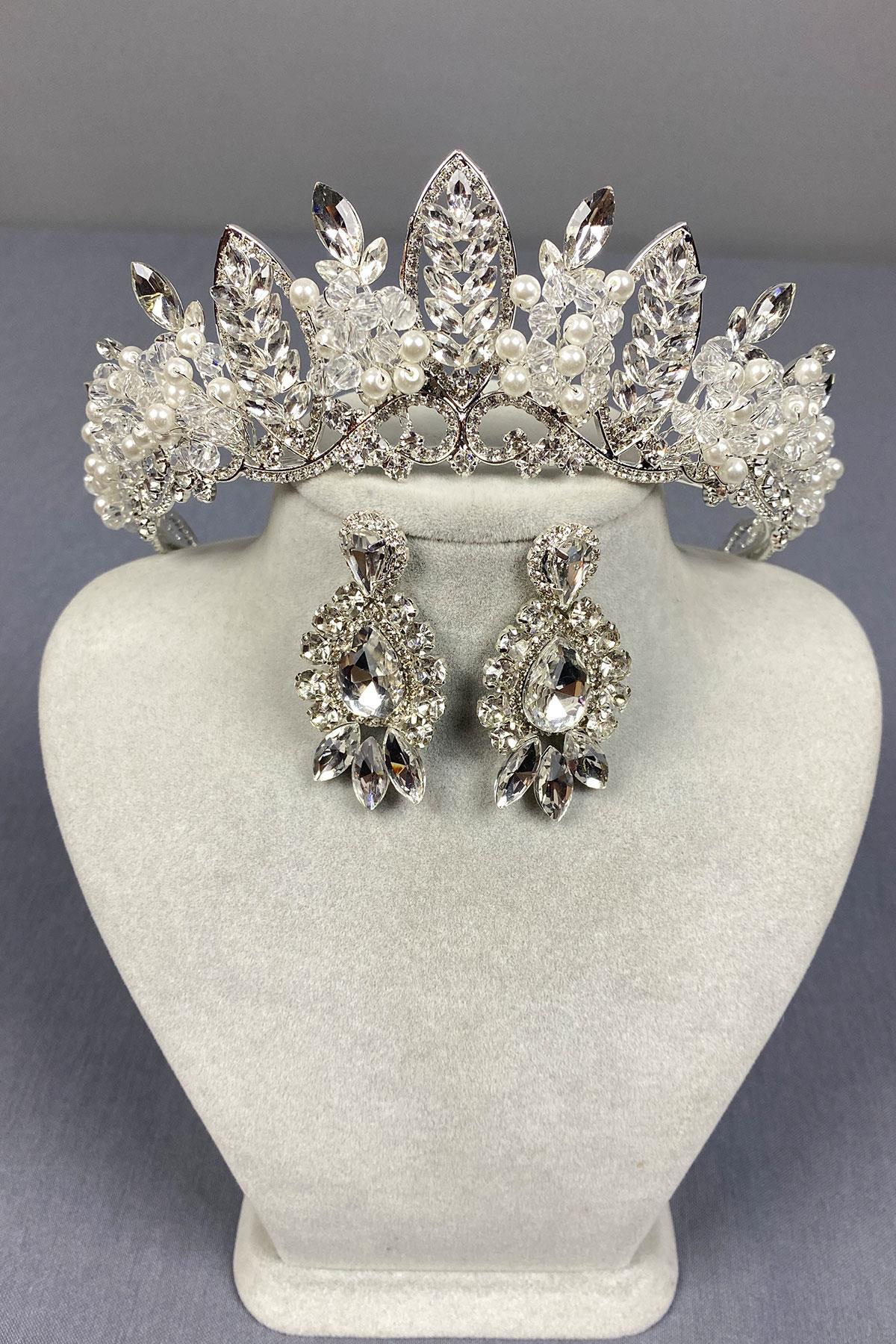 Wholesale Silver Jabbah Bead Embroidered Bridal Henna Crown And Shuttle Drop Earrings