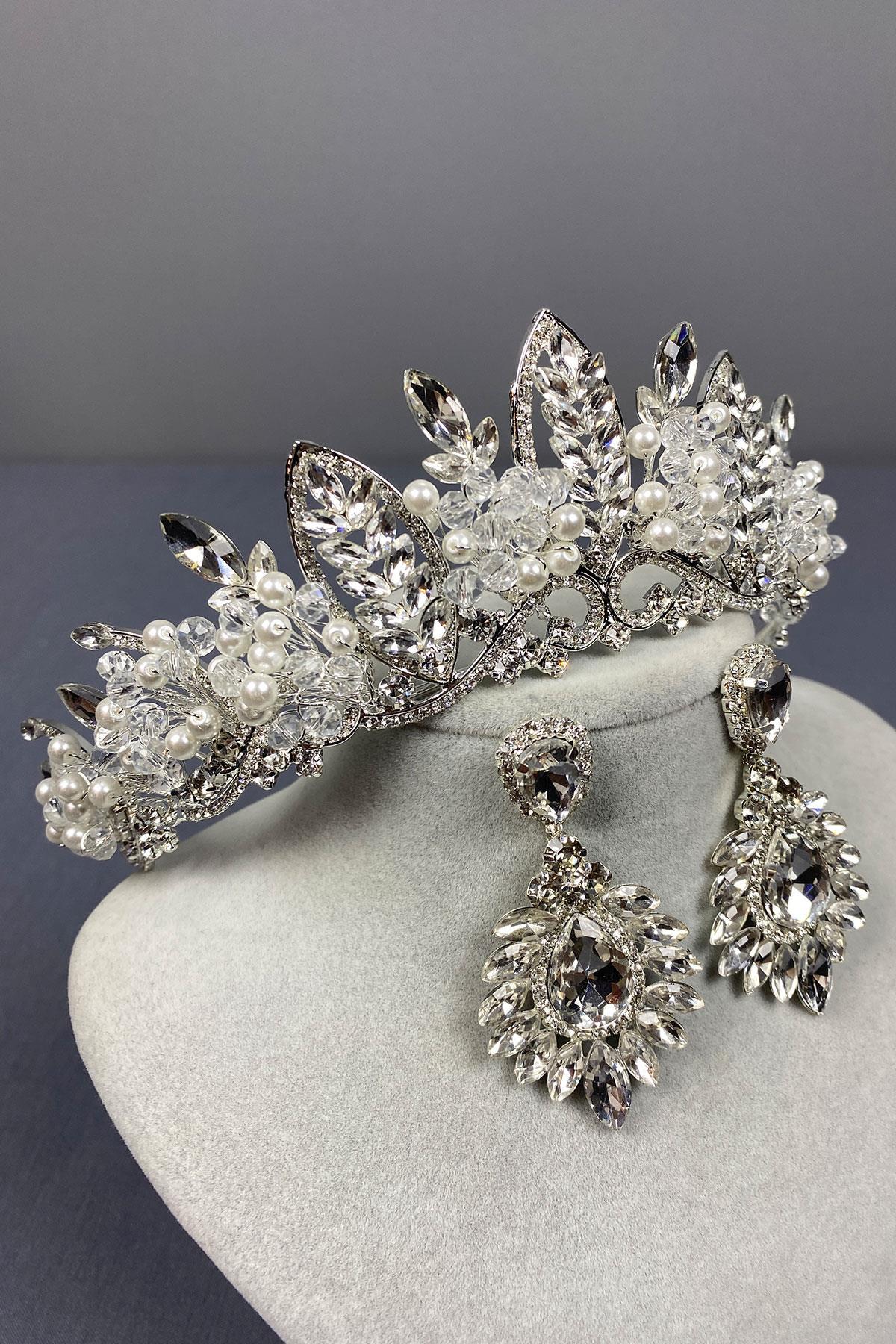 Wholesale Silver Jabbah Bead Embroidered Bridal Henna Crown And Shuttle Earrings