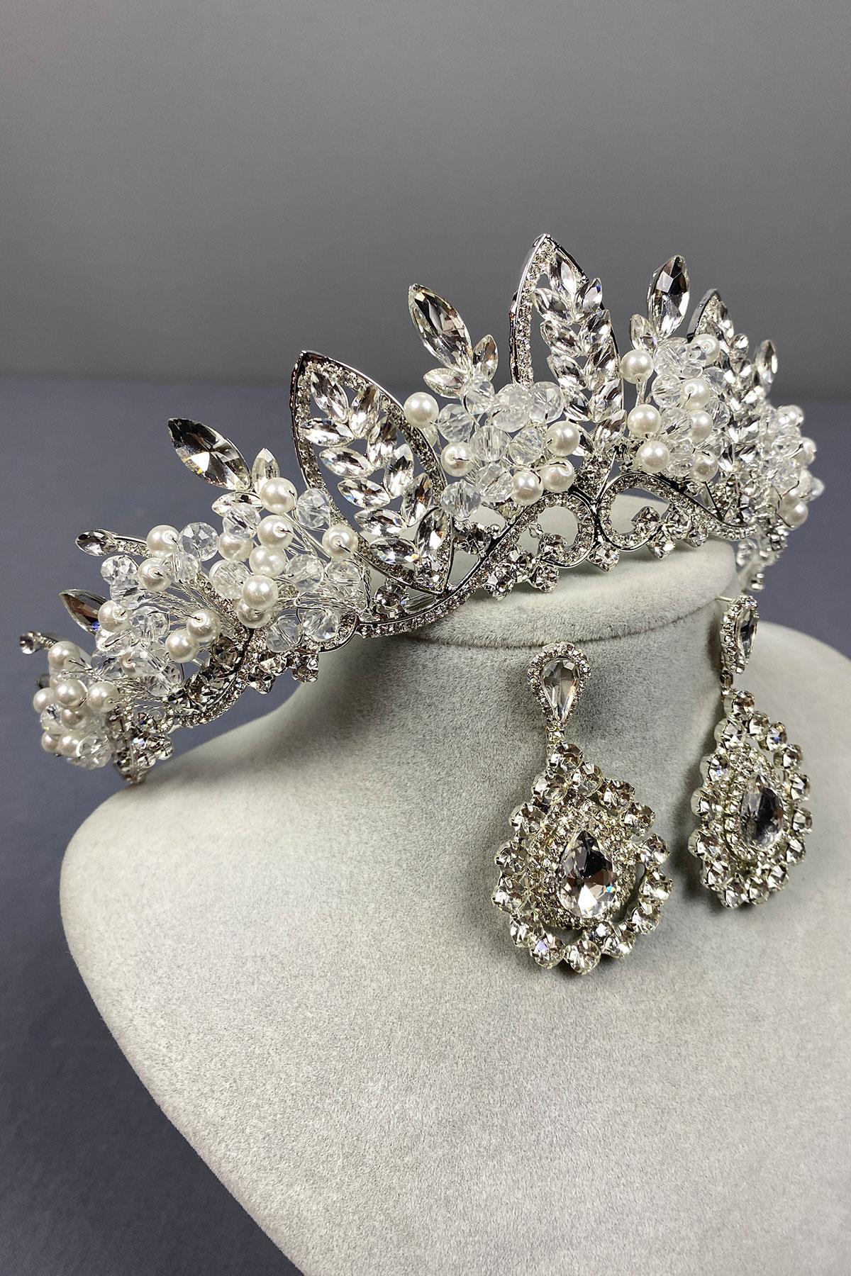 Wholesale Silver Jabbah Bead Embroidered Bridal Henna Crown And Drop Earrings