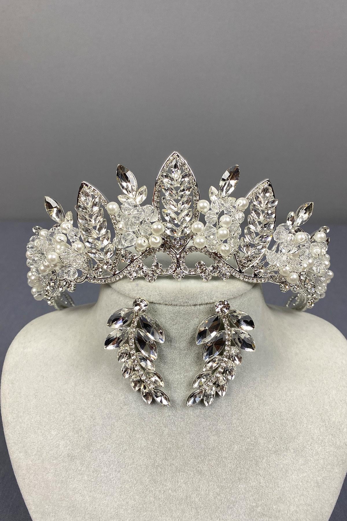 Wholesale Silver Jabbah Bead Embroidered Bridal Henna Crown And Leaf Earrings
