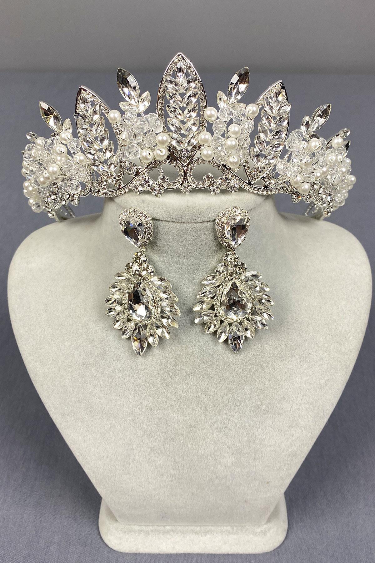 Wholesale Silver Jabbah Bead Embroidered Bridal Henna Crown And Shuttle Earrings