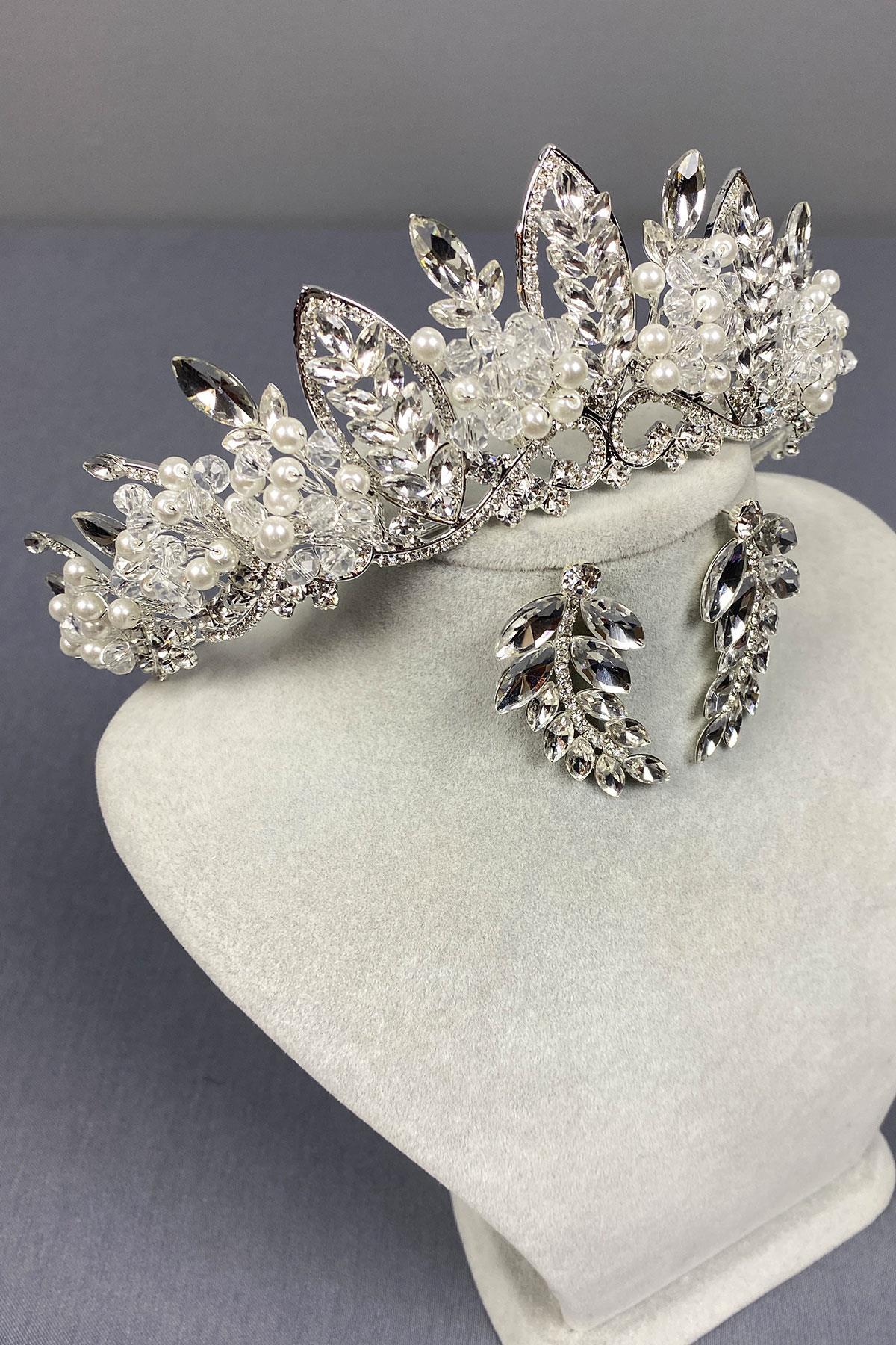Wholesale Silver Jabbah Bead Embroidered Bridal Henna Crown And Leaf Earrings