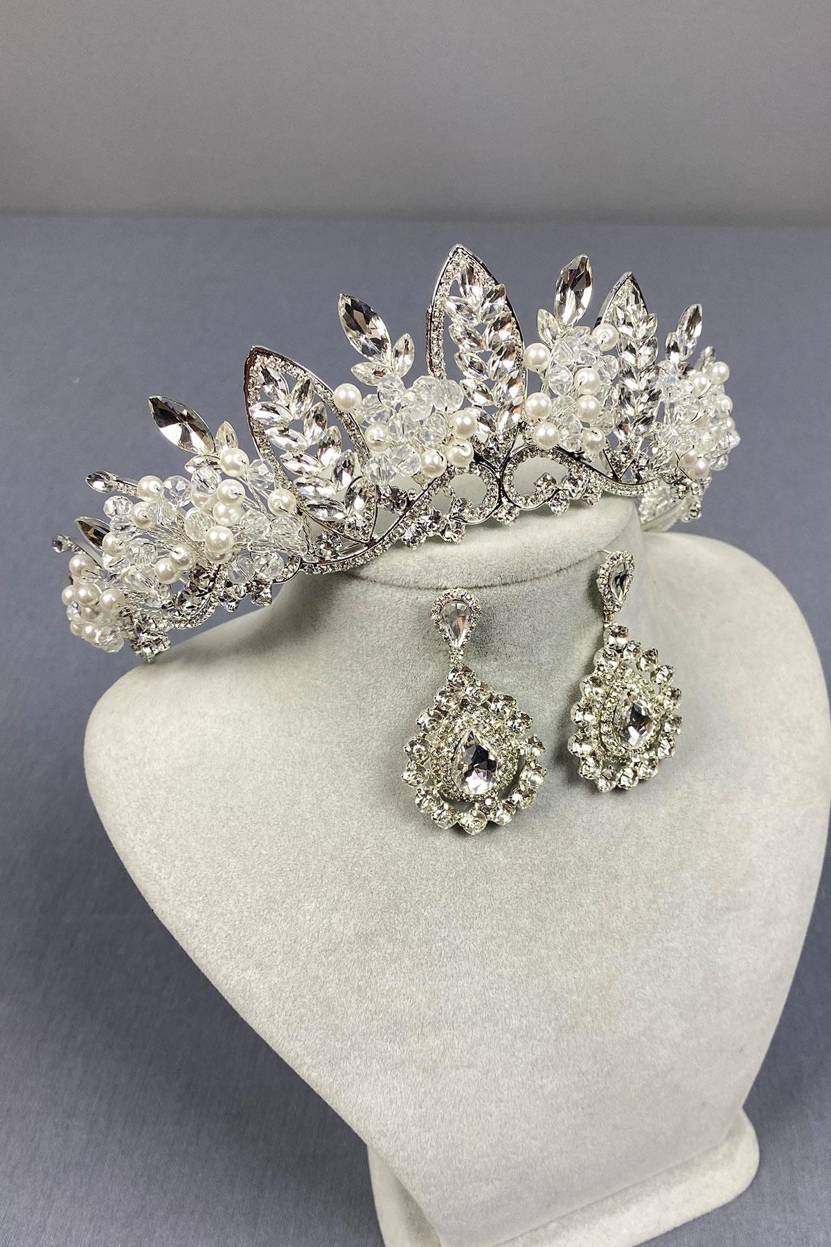 Wholesale Silver Jabbah Bead Embroidered Bridal Henna Crown And Drop Earrings