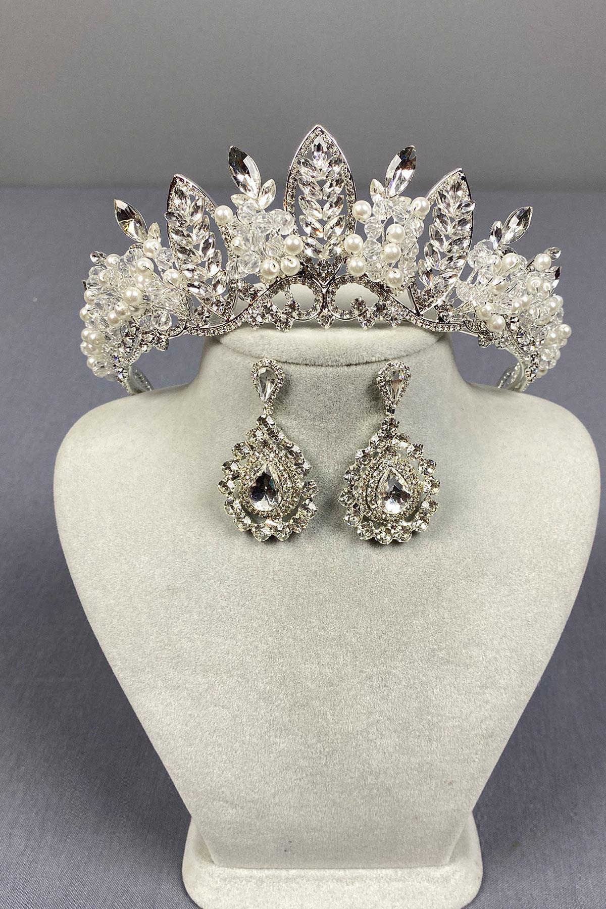 Wholesale Silver Jabbah Bead Embroidered Bridal Henna Crown And Drop Earrings