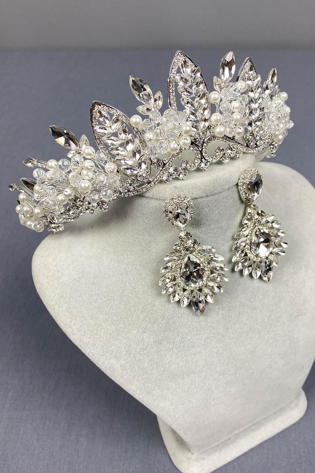 Wholesale Silver Jabbah Bead Embroidered Bridal Henna Crown And Shuttle Earrings