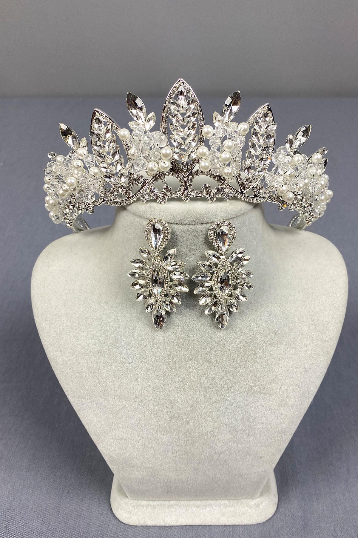 Wholesale Silver Jabbah Bead Embroidered Bridal Henna Crown And Thin Shuttle Earrings
