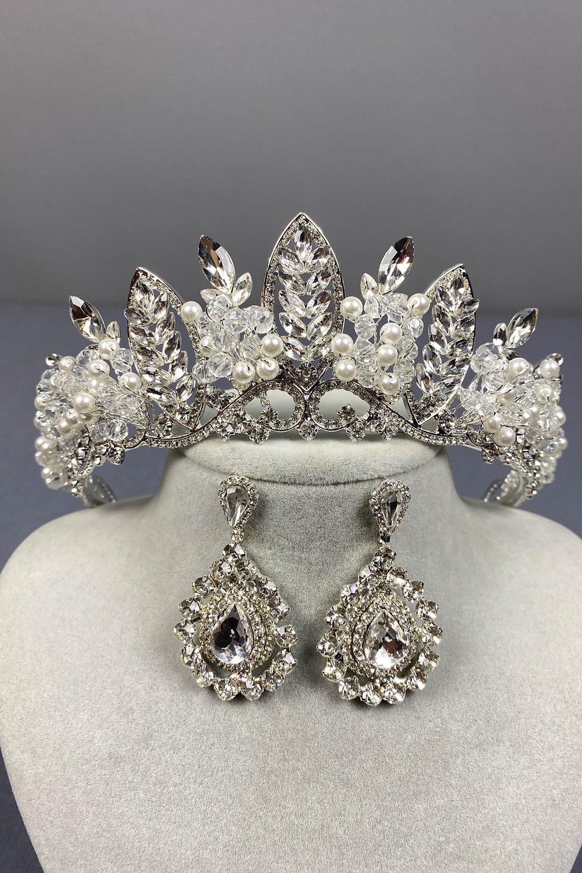 Wholesale Silver Jabbah Bead Embroidered Bridal Henna Crown And Drop Earrings