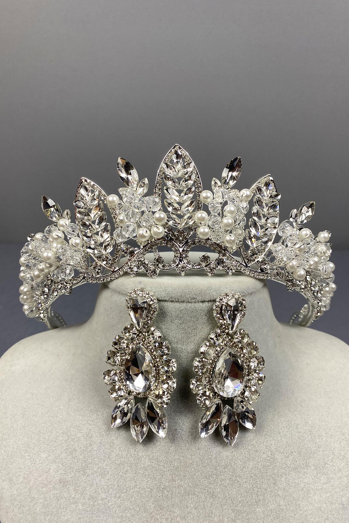 Wholesale Silver Jabbah Bead Embroidered Bridal Henna Crown And Shuttle Drop Earrings
