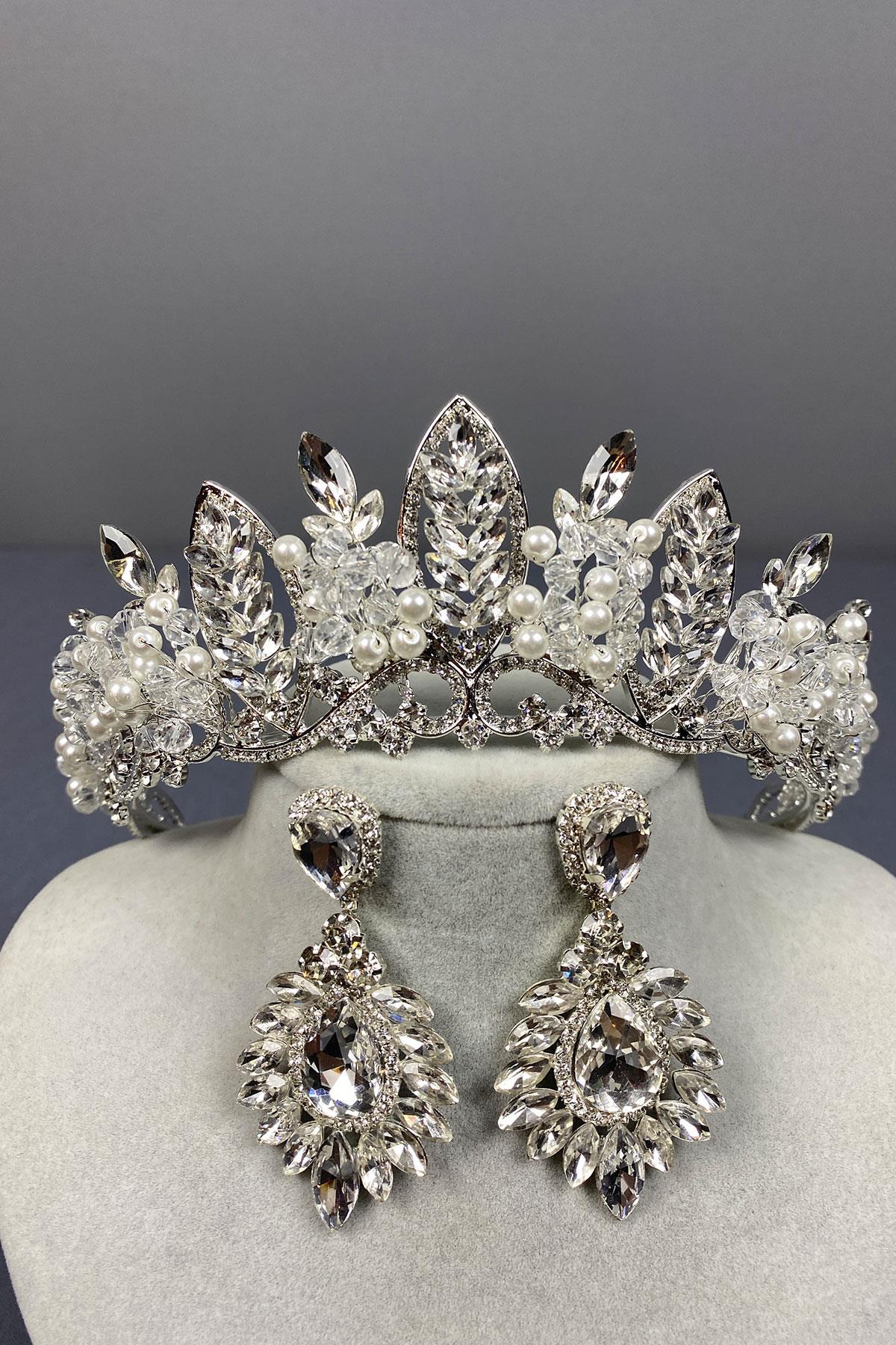 Wholesale Silver Jabbah Bead Embroidered Bridal Henna Crown And Shuttle Earrings