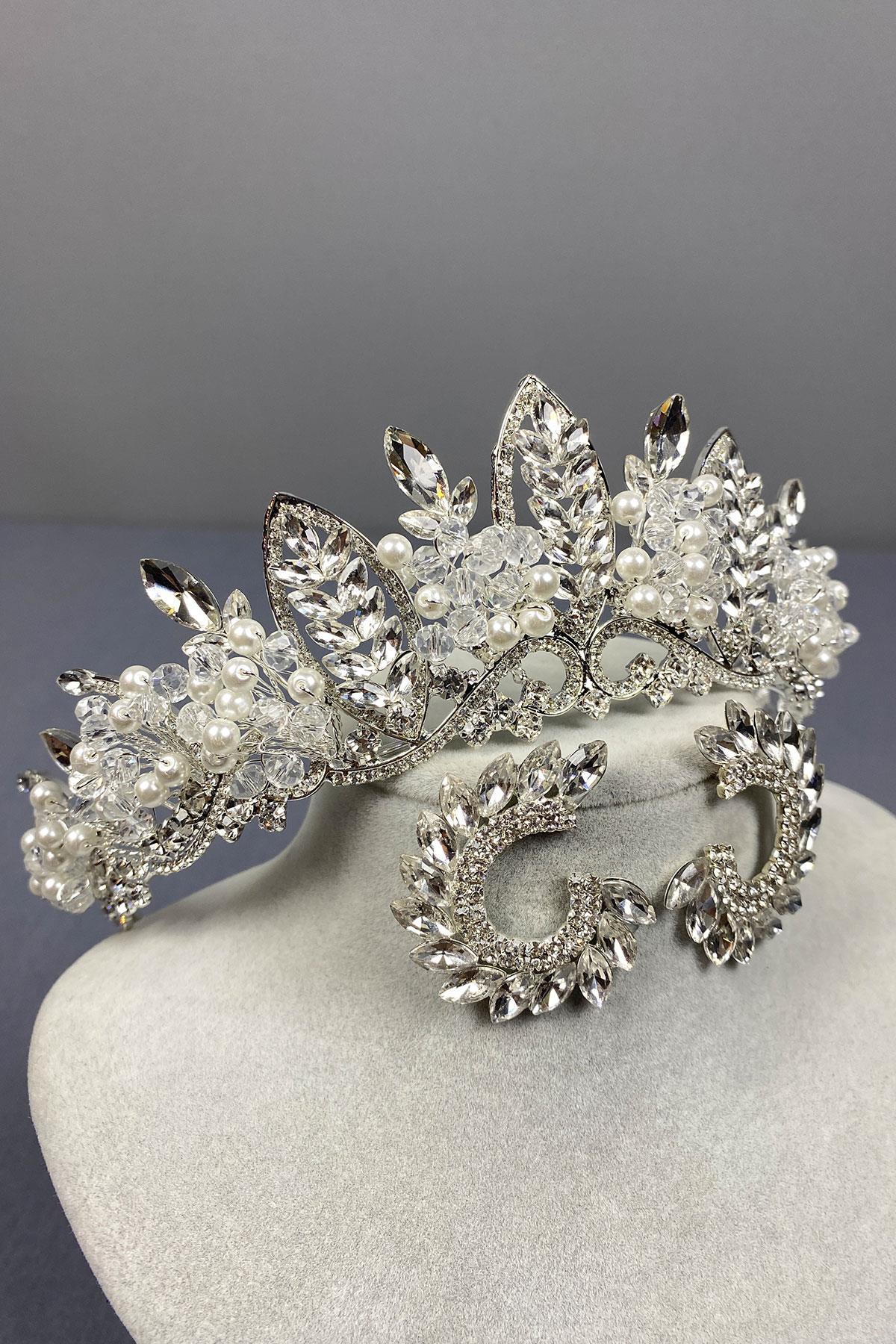 Wholesale Silver Jabbah Bead Embroidered Bridal Henna Crown And Round Earrings