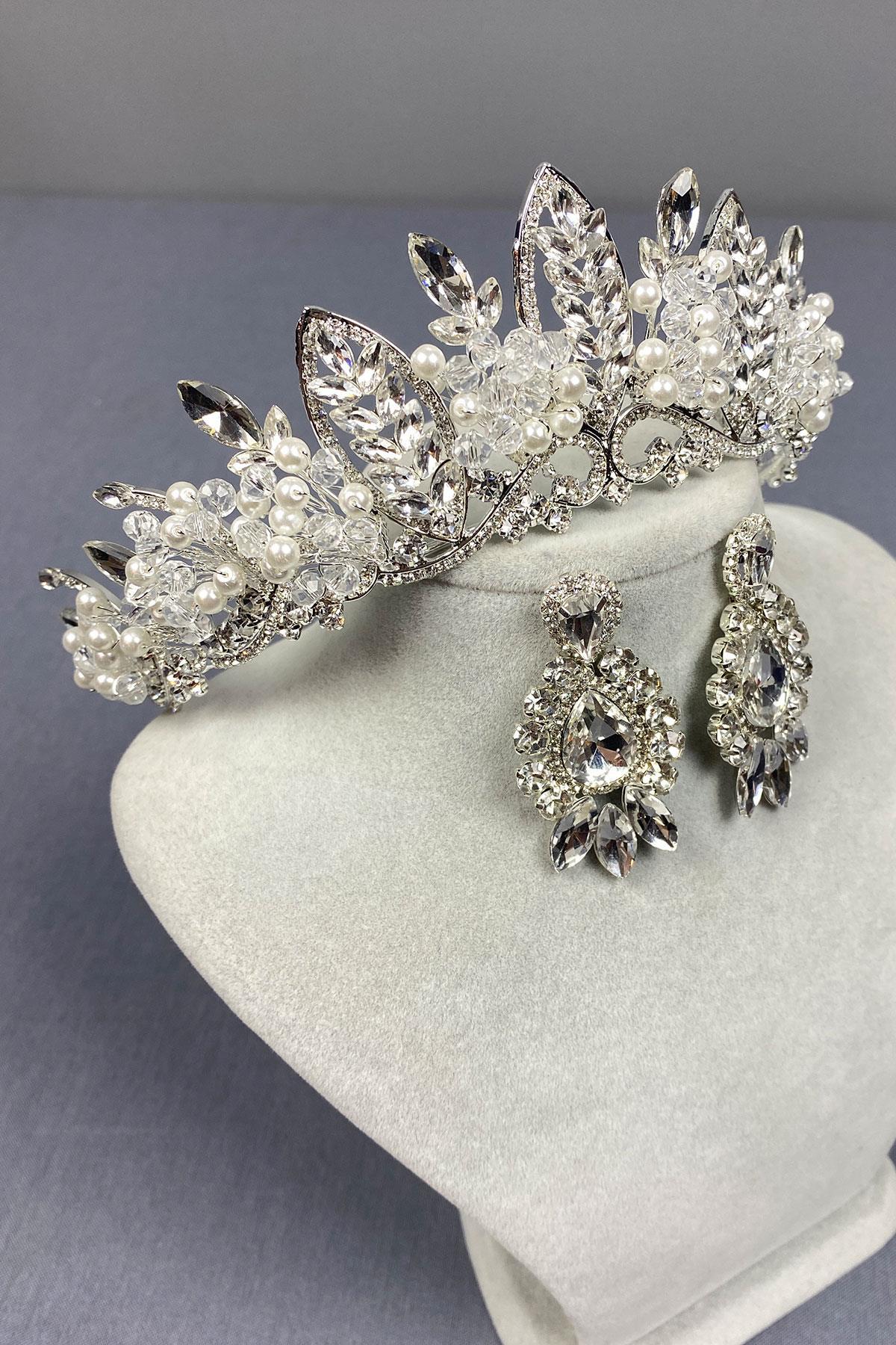 Wholesale Silver Jabbah Bead Embroidered Bridal Henna Crown And Shuttle Drop Earrings