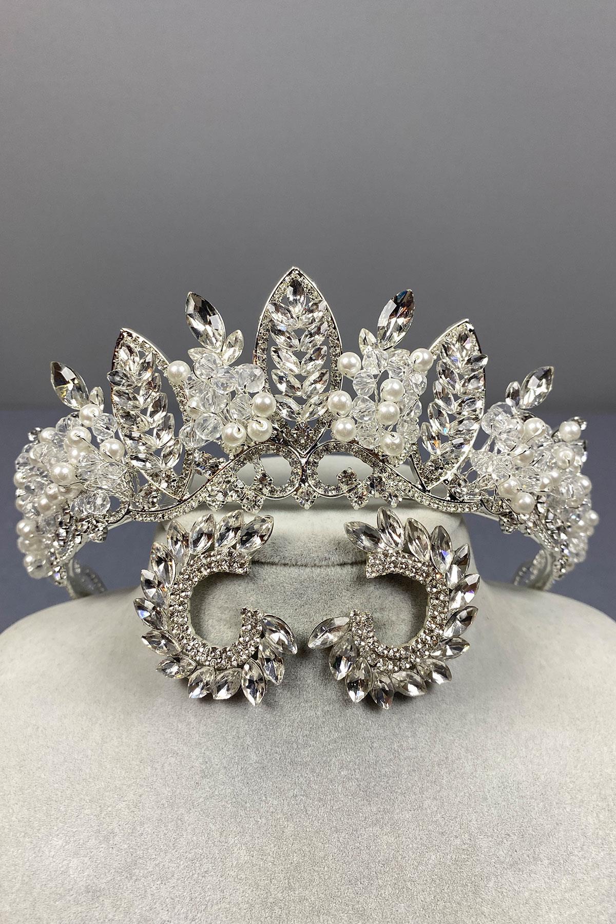 Wholesale Silver Jabbah Bead Embroidered Bridal Henna Crown And Round Earrings