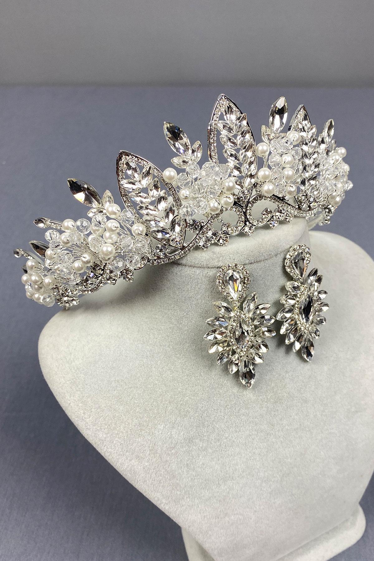 Wholesale Silver Jabbah Bead Embroidered Bridal Henna Crown And Thin Shuttle Earrings