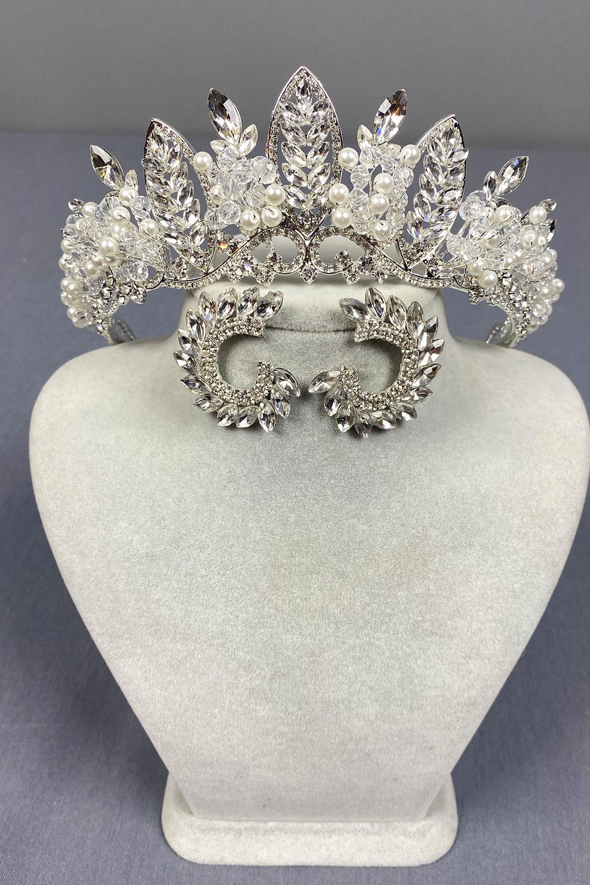 Wholesale Silver Jabbah Bead Embroidered Bridal Henna Crown And Round Earrings