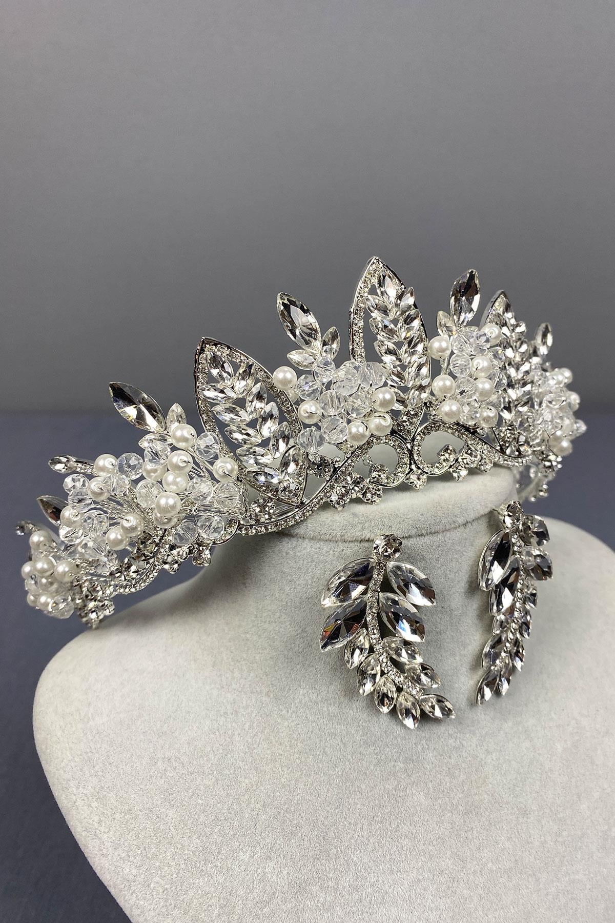 Wholesale Silver Jabbah Bead Embroidered Bridal Henna Crown And Leaf Earrings